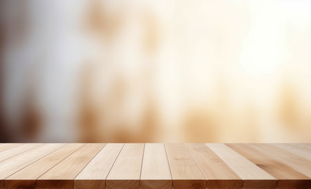 Wood table top on blur sunlight background - can be used for display or montage your products. High quality photoの素材
