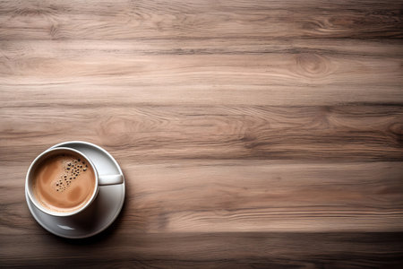 Cup of coffee on textured wooden surface background. Top view with copy space. High quality photoの素材