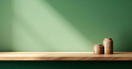Wooden shelf with two jars on green wall with shadow background. High quality photoの素材