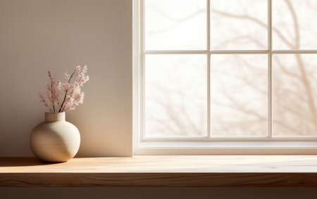 Vase with dried pink flowers on wooden shelf in room with window view of tree background. High quality photoの素材