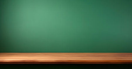 Empty wooden table over green chalkboard background, product display montage. High quality photoの素材