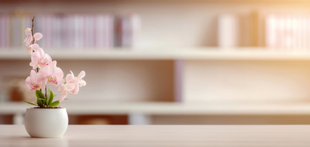 Pink orchid in white vase on wooden table with blurred bookshelf background. High quality photoの素材