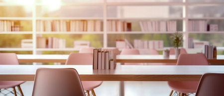 Long table with chairs in the library room with bookshelves in the background, and a large window. High quality photoの素材