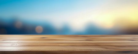 Wooden table with detailed surface, blurred cityscape and blue sky with sunset background. High quality photoの素材
