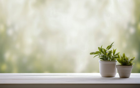 Two potted plants on a wooden table with a green nature trees blurred background. High quality photoの素材