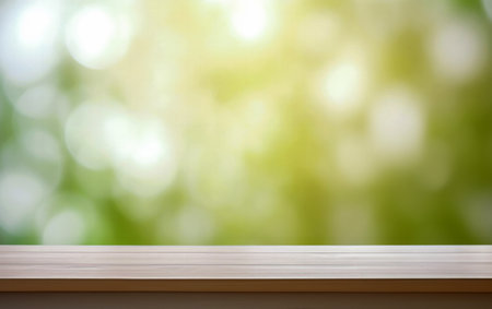 Wood table top on blur green nature bokeh background. Can be used for display or montage your products. High quality photoの素材