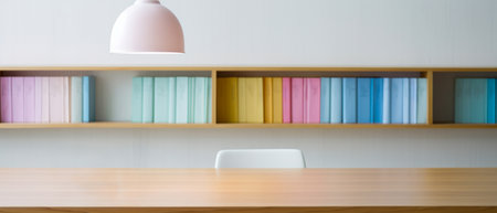 Reading room with empty wooden table, bookshelf, chair, colorful books on wooden shelf books with white wall background. High quality photoの素材