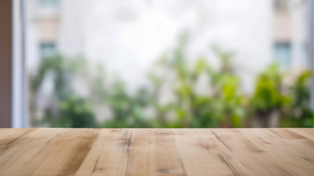 Empty wooden table in front the window with garden park natural light background. High quality photoの素材