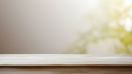 Wooden table in a dimly lit room with blurred white wall and plants background. High quality photoの素材