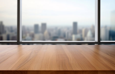 Wooden table top on blurred cityscape background - can be used for display or montage your products. High quality photoの素材