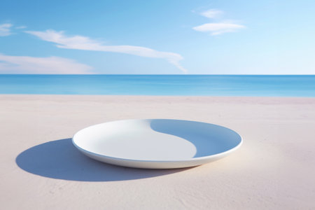 Empty plate on white sand beach with blue sea and sky background. High quality photoの素材
