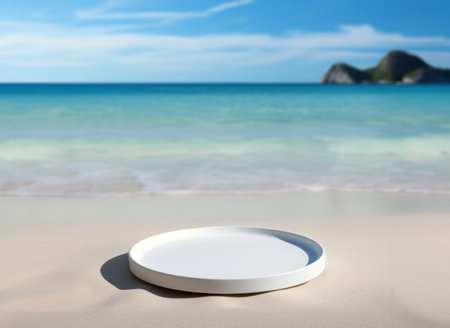 White round podium on the beach with blue sea and island in the background. High quality photoの素材