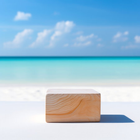 Wooden cube on white table top with blurred blue sky and white sand beach background. Perfect for product display. High quality photoの素材