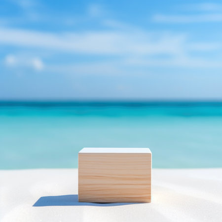 Wooden cube on white table top with sea and blue sky background. High quality photoの素材