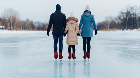 Family ice skating on a frozen lake in winter. High quality photo.の素材