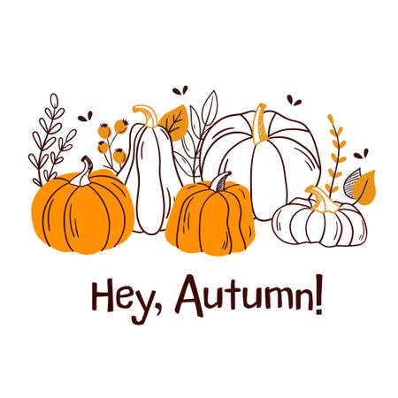 Hello, autumn! Hand drawn different colored autumn leaves. Design elements. Vector illustrationのイラスト素材