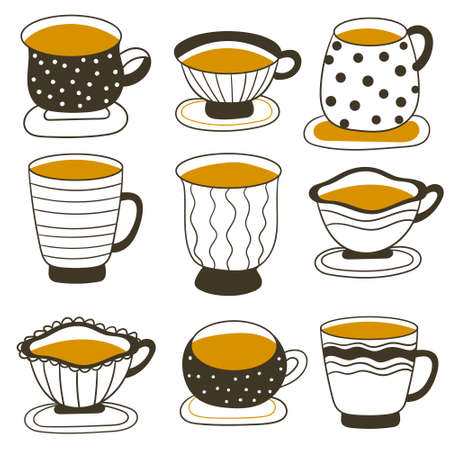 Vintage tea cups set. Tea and coffee cups. Vector illustrationのイラスト素材