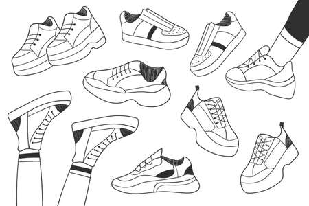 Sport shoes collection. Vector set sketched shoes. Shoes set. Vector illustrationのイラスト素材
