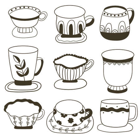 Set of cups with tea or coffee. Collection of mugs filling by beverages. Cute crockery for drink. Cups of doodles setのイラスト素材