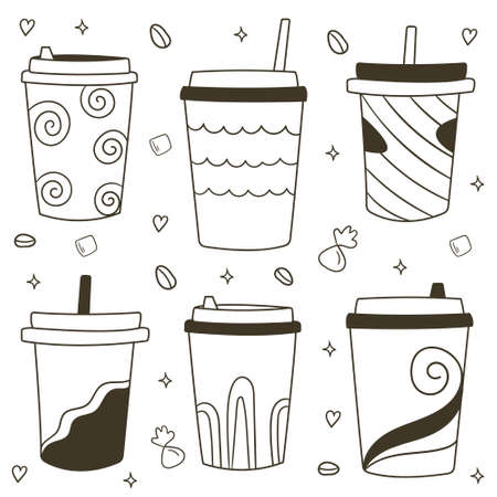 Disposable coffee cups collection. Coffee to go. Vector illustrationのイラスト素材