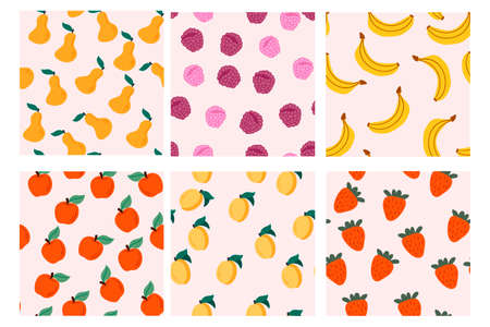 Set of vector seamless patterns with fruits. Hand drawn textures. Design for paper, cover, fabric, textile, interior decorのイラスト素材