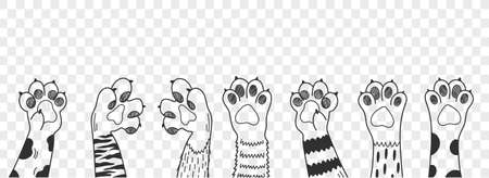Cat paw. Different cat paws set vector illustration. Collection of various cute cartoon domestic animal foot.のイラスト素材
