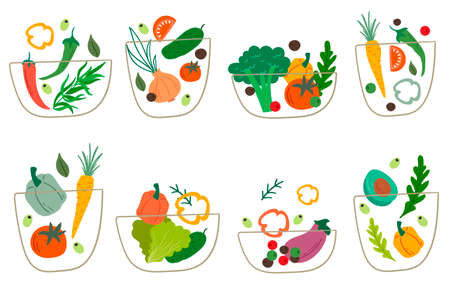 Salad bowls set. Vector illustration of vegetable saladsのイラスト素材