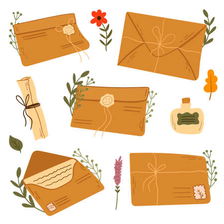 Collection of different envelopes with mail. Vector flat illustration. Set of various craft paper letters. Mail envelopes. Postcards, envelopes, craft paper letters and mail envelopes. Postage cardsのイラスト素材