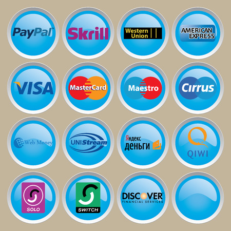Logos Visa, Cirrus, Master Card, Maestro, PayPal, Western Union, Skrill, Discover, American Express, WebMoney, Unistream, Switch, Solo, Qiwi, Yandexのeditorial素材