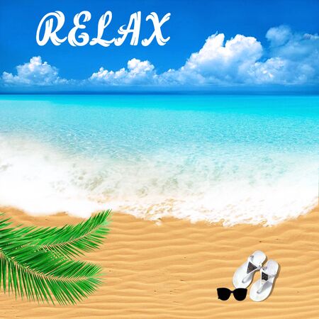 Summer Holidays in Beach Seashore. Realistic Summer Vacation Poster Design for Travel on a Sand Beach near Sea or Oceanの写真素材