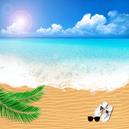 Summer Holidays in Beach Seashore. Realistic Summer Vacation Poster Design for Travel on a Sand Beach near Sea or Oceanの写真素材