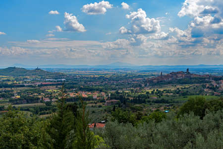 View over the hills near Castiglion Fiorentino at the Tuscany Region, Italyの写真素材