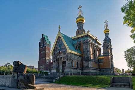 Russian Chapel and Wedding Tower at the Mathildenhoehe in Darmstadt, Hesse, Germanyの写真素材