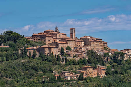 Panoramic view of the old town of Montepulciano at the Tuscany Region in Italyの写真素材
