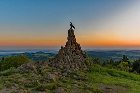 Sunrise at the Aviator Monument at the Wasserkuppe in Hesse, Germanyの写真素材
