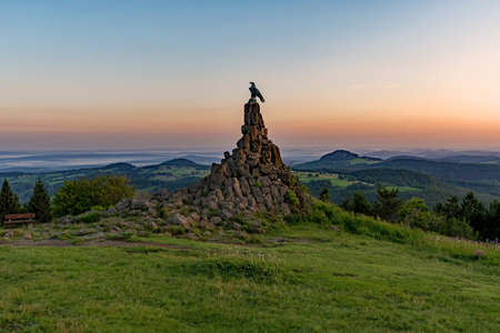 Sunrise at the Aviator Monument at the Wasserkuppe in Hesse, Germanyの写真素材