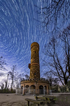 Startrails over the old observatory at Darmstadt in Hesse, Germanyの写真素材