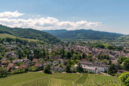 View over the town of Staufen in Baden-Wurttemberg, Germanyの写真素材