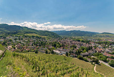 View over the town of Staufen in Baden-Wurttemberg, Germanyの写真素材