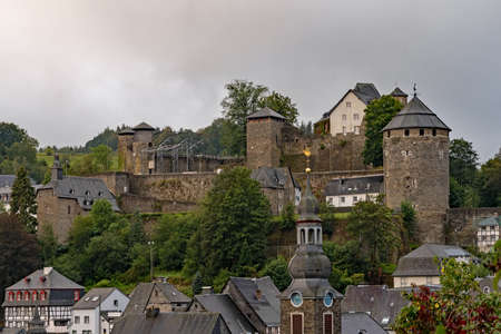 View over the old town of Monschau at North Rhine-Westphalia, Germanyの写真素材