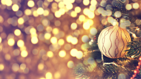 Christmas golden ball hanging on a pine tree. Field to insert text to the leftの写真素材