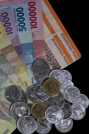 Top view/Flat Lay of Illustration for Spending money and payment for travel, boarding pass in...