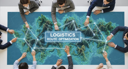 Top view of a diverse business team in a meeting, planning supply chain management and delivery routes on a digital map for global logistics.の素材