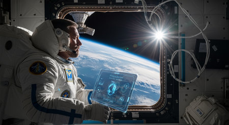 An astronaut in a spacesuit gazes at planet Earth from a space station window while holding a futuristic transparent laptop with data on the screen.の素材