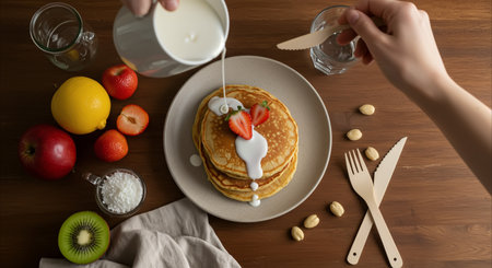 Top view of hands preparing a delicious breakfast with a stack of pancakes topped with strawberries and a creamy sauce on a wooden table with fresh fruits.の素材