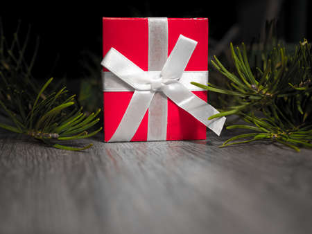 Close up photograph of a red small gift wrapped in white bow laying on a gray wood grain floor with evergreen pine needle limb in background.の写真素材