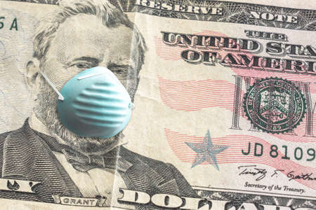 Close up of United States paper currency one dollar bill with Ulysses S. Grant wearing blue face...