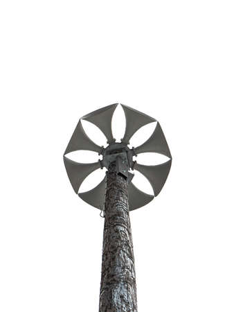 Looking up a weathered wood pole at several multi directional round amplified emergency siren or...