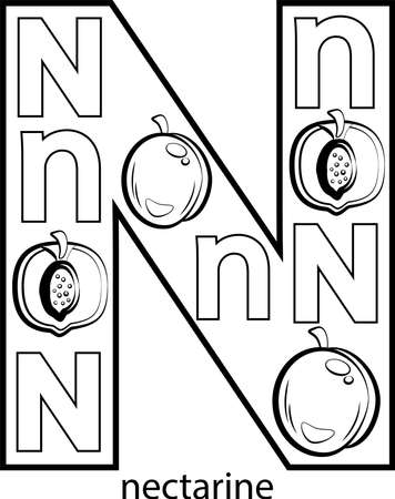 Ð¡hildren's alphabet coloring book with fruits and vegetables. Black and white images of fruits for coloring.のイラスト素材