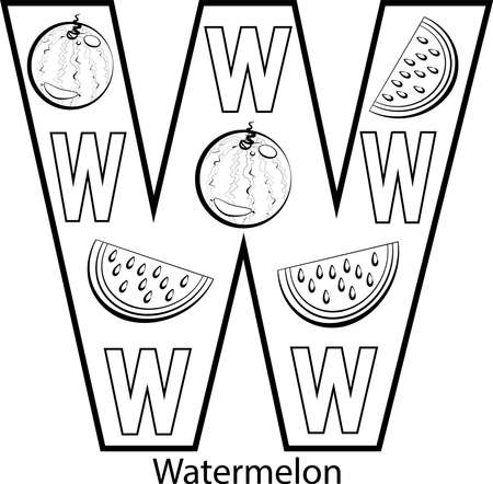 Ð¡hildren's alphabet coloring book with fruits and vegetables. Black and white images of fruits for coloring.のイラスト素材